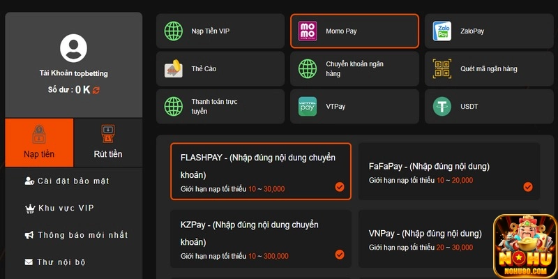Chuyển tiền vào tài khoản nohu90 qua ví điện tử