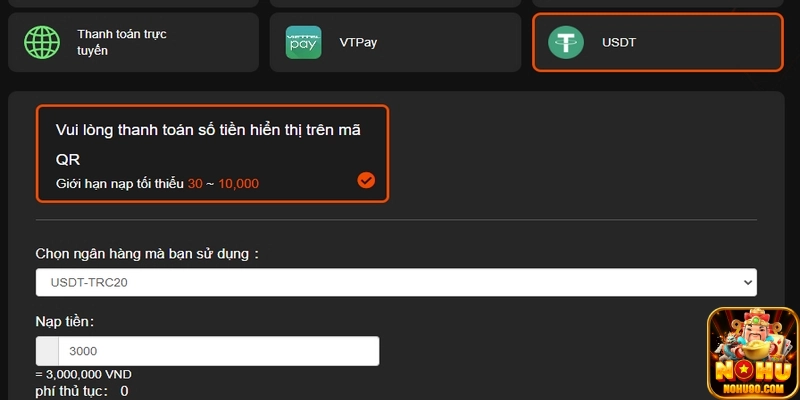Thao tác nạp tiền vào nohu90 qua USDT siêu nhanh